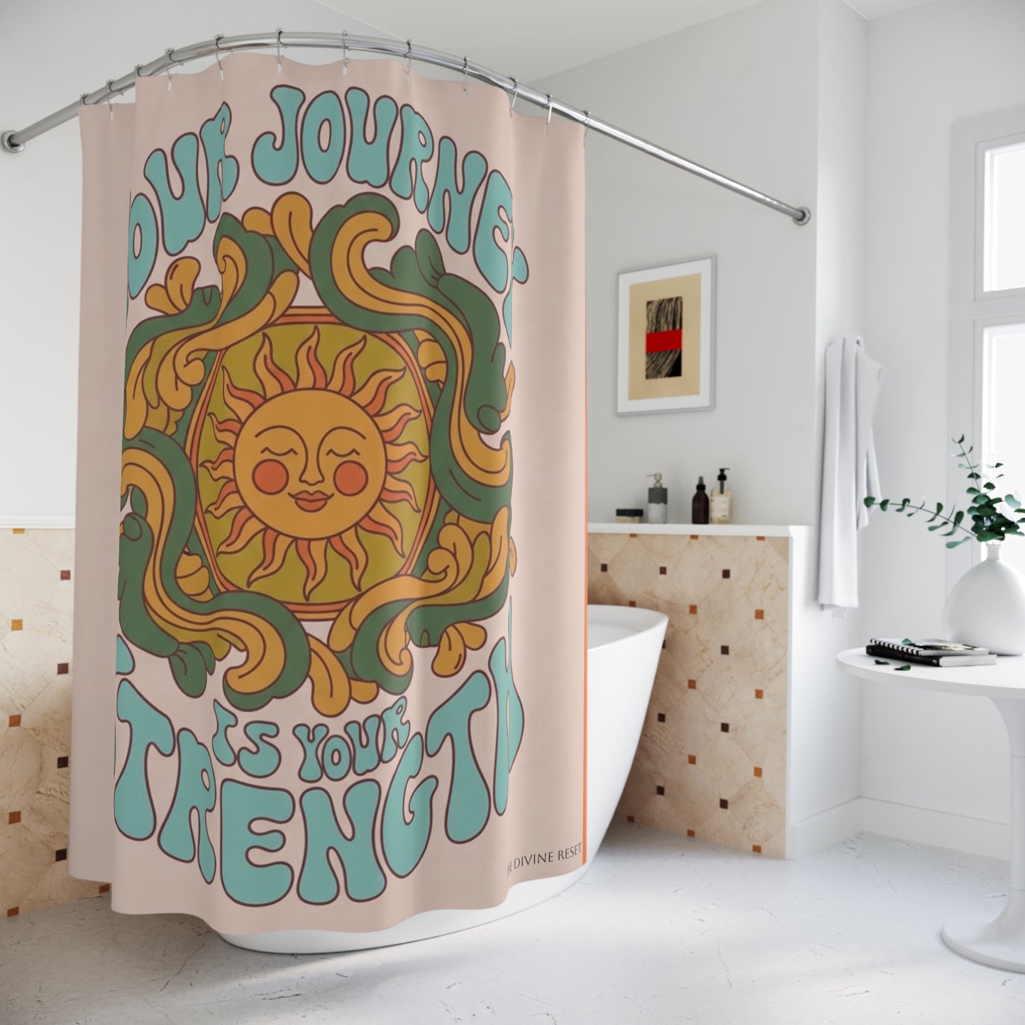 Bohemian Sun-Inspired Shower Curtain | Your Journey is Your Strength, Bathroom Decor, Spiritual Gift, Home Makeover, Unique Gift Idea