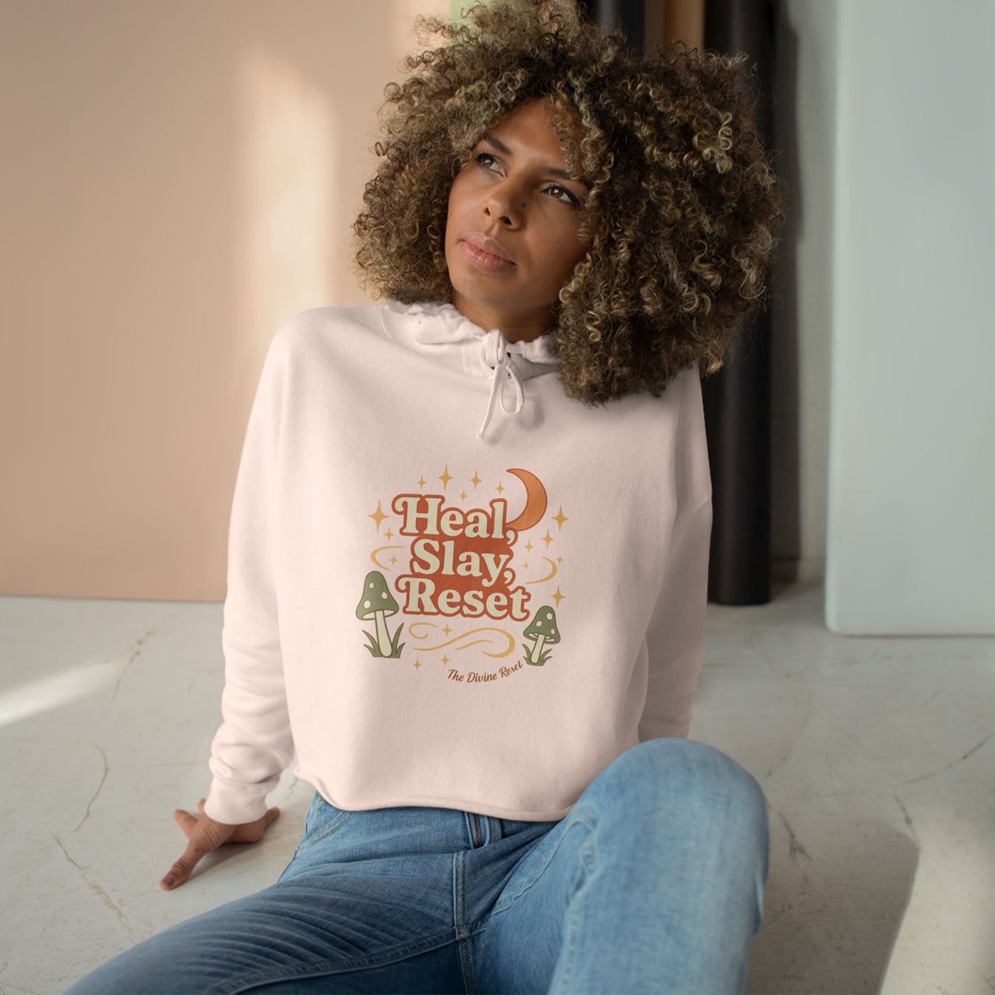 Heal, Slay, Reset Crop Hoodie - Heal, Slay, Reset | Trendy Streetwear, Self-Care Apparel, Motivational Fashion, Cozy Lounge Wear