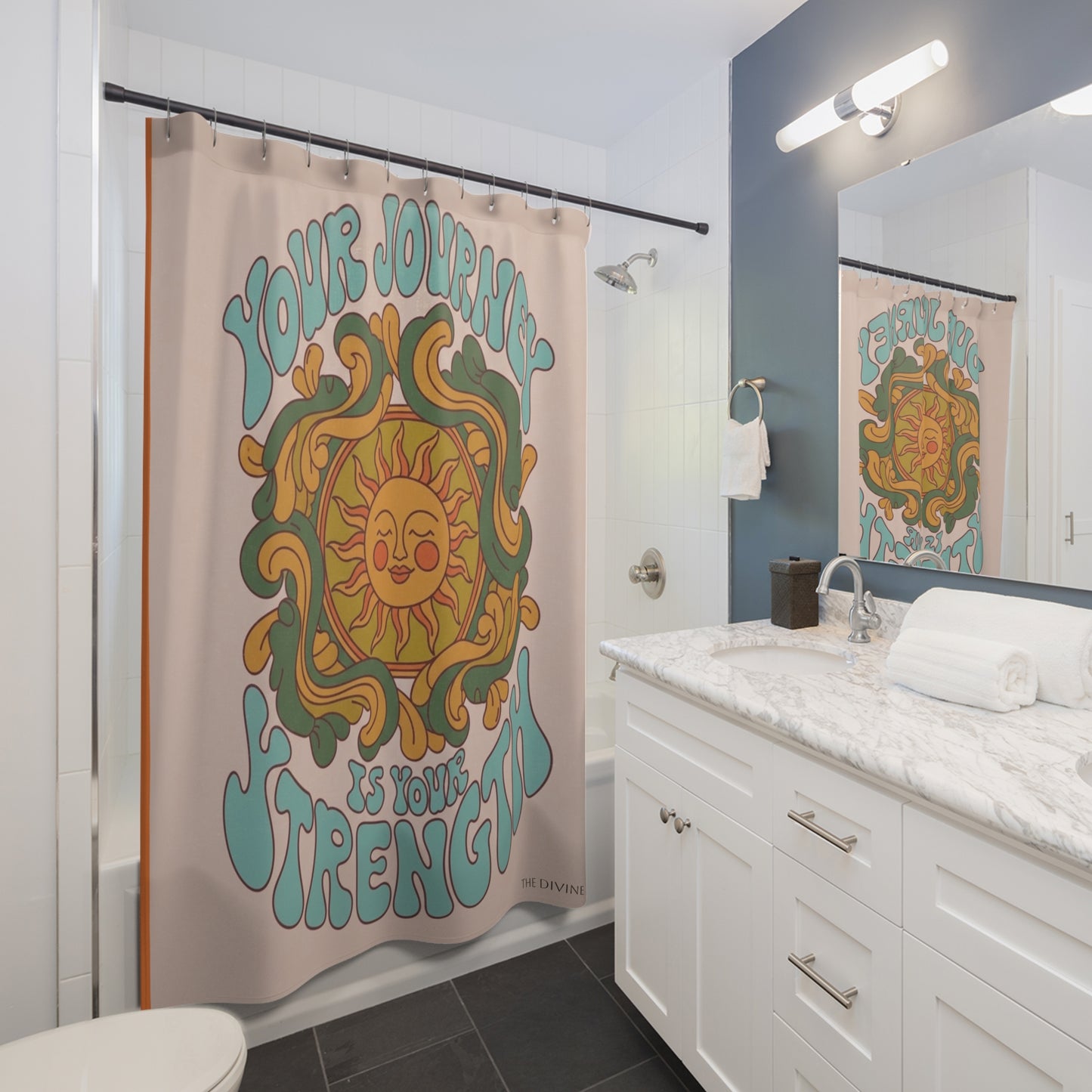 Bohemian Sun-Inspired Shower Curtain | Your Journey is Your Strength, Bathroom Decor, Spiritual Gift, Home Makeover, Unique Gift Idea
