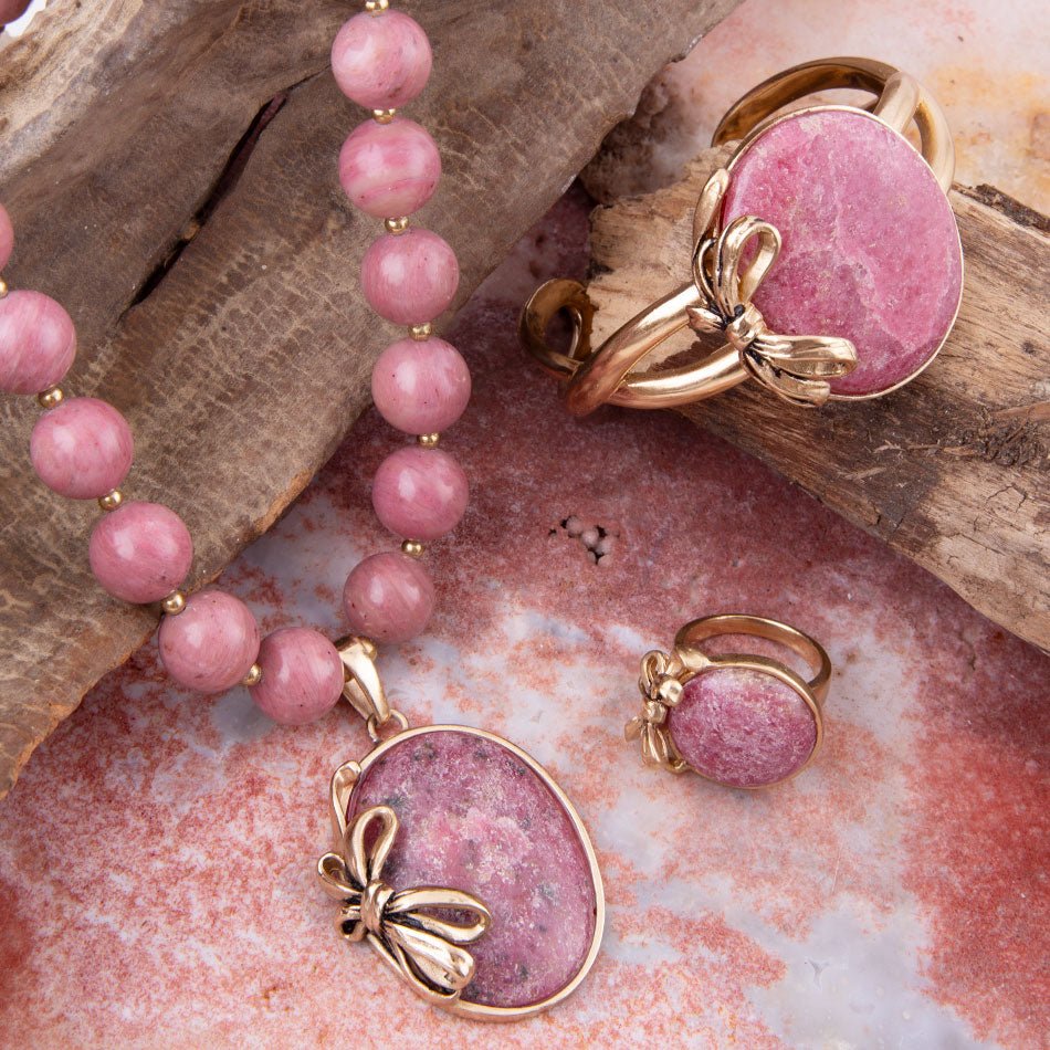 Gifted Pink Rhodonite Golden Bow Cuff Bracelet