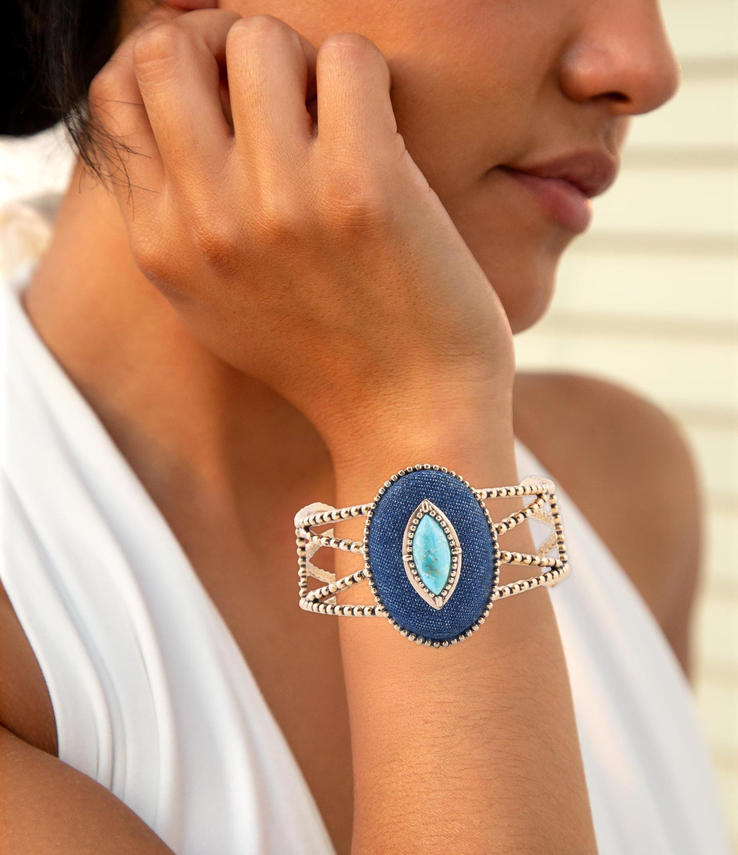 Stacked Blue Turquoise and Denim Golden Cuff Bracelet